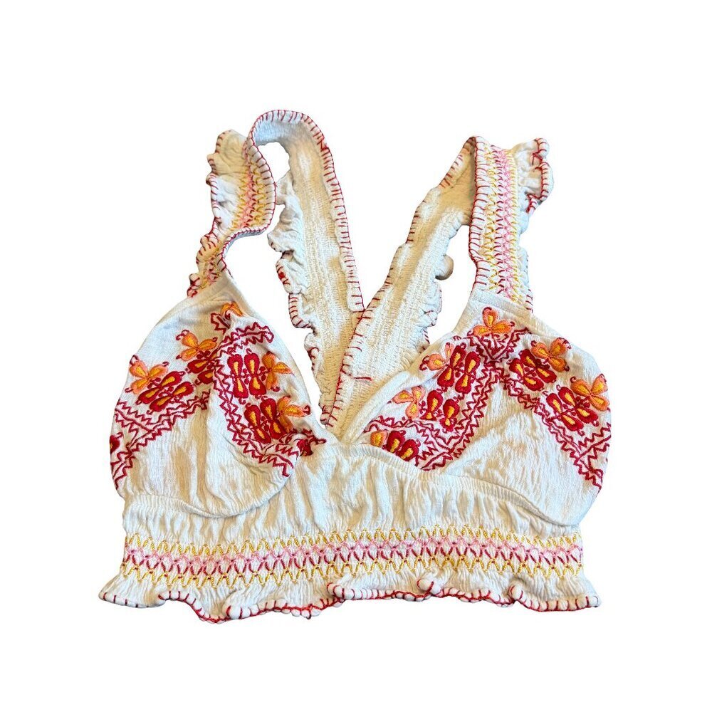 Urban Outfitters Cream Embroidered Crop Top Tank Shirt Stretch Size XS Women's